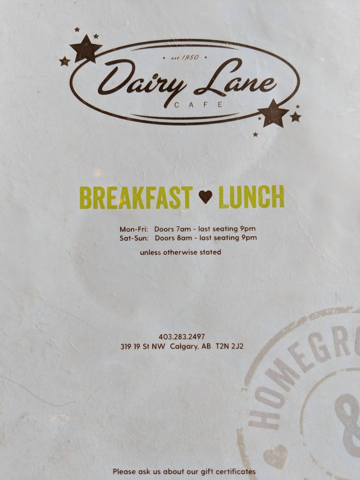 Menu at Dairy Lane Cafe, Calgary