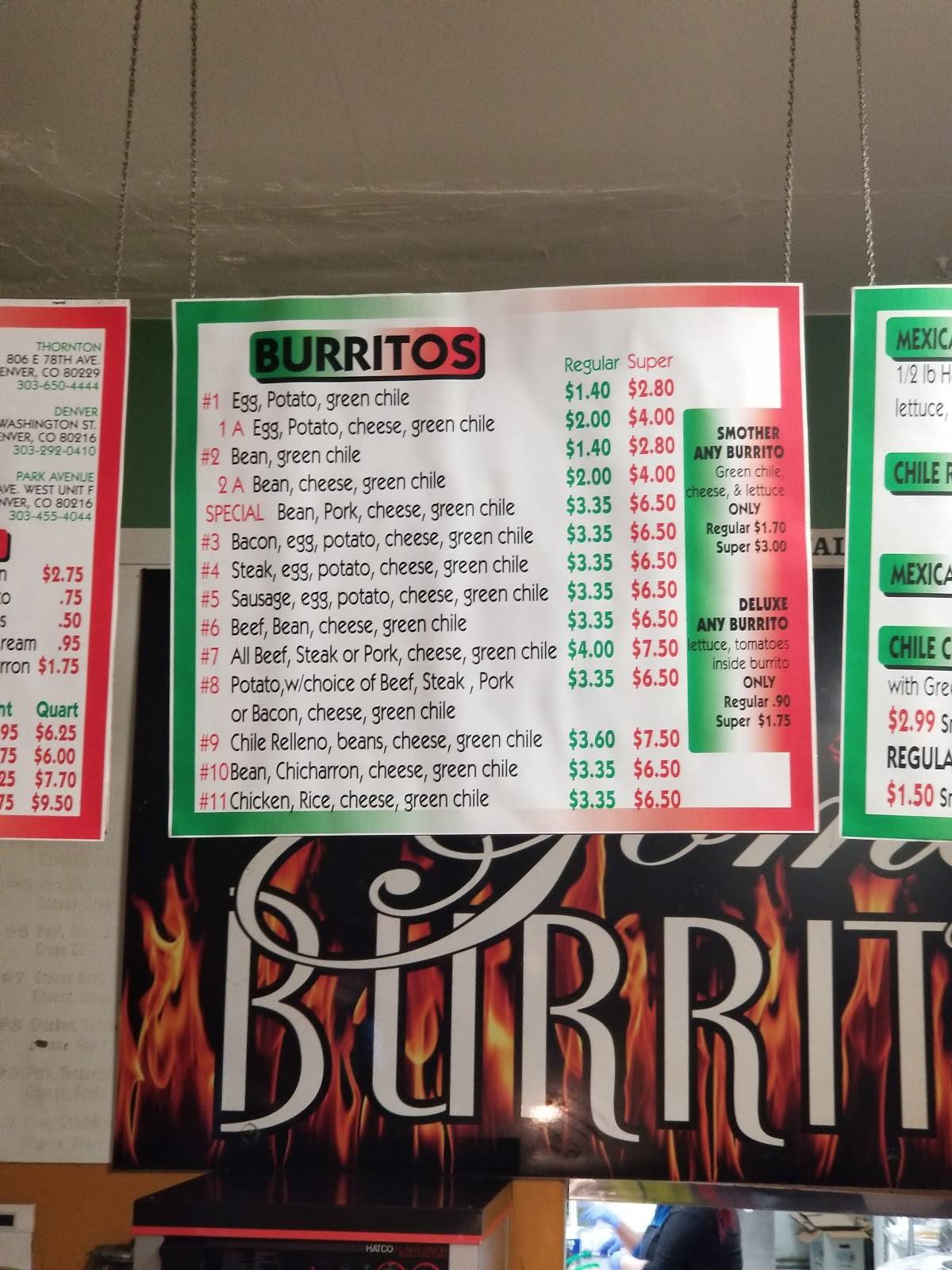 Menu at Gomez Burritos restaurant, Denver, Washington St