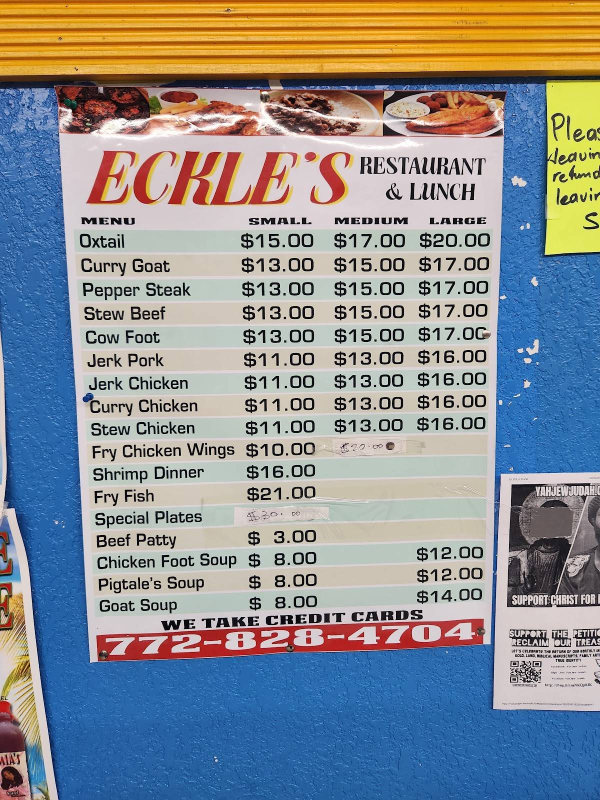 Menu at Eckle's Restaurant and Jamaican Cuisine, Fort Pierce