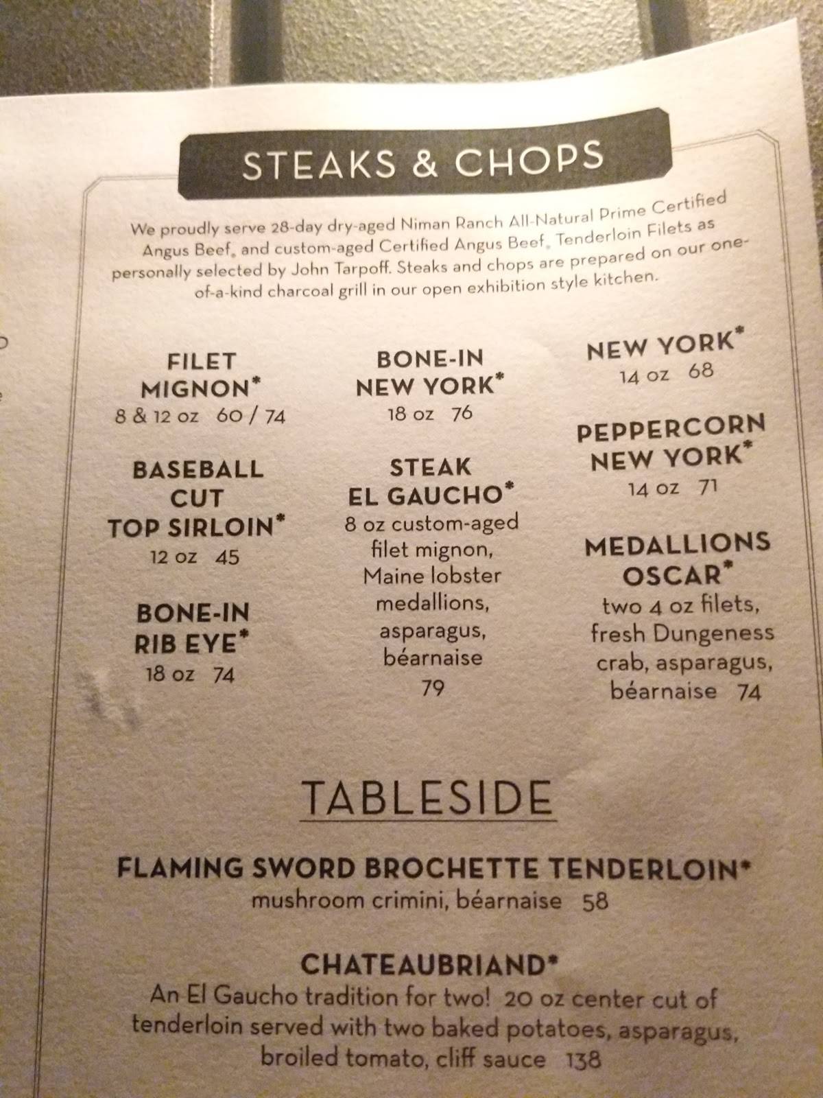 Menu at El Gaucho Bellevue pub & bar, Bellevue