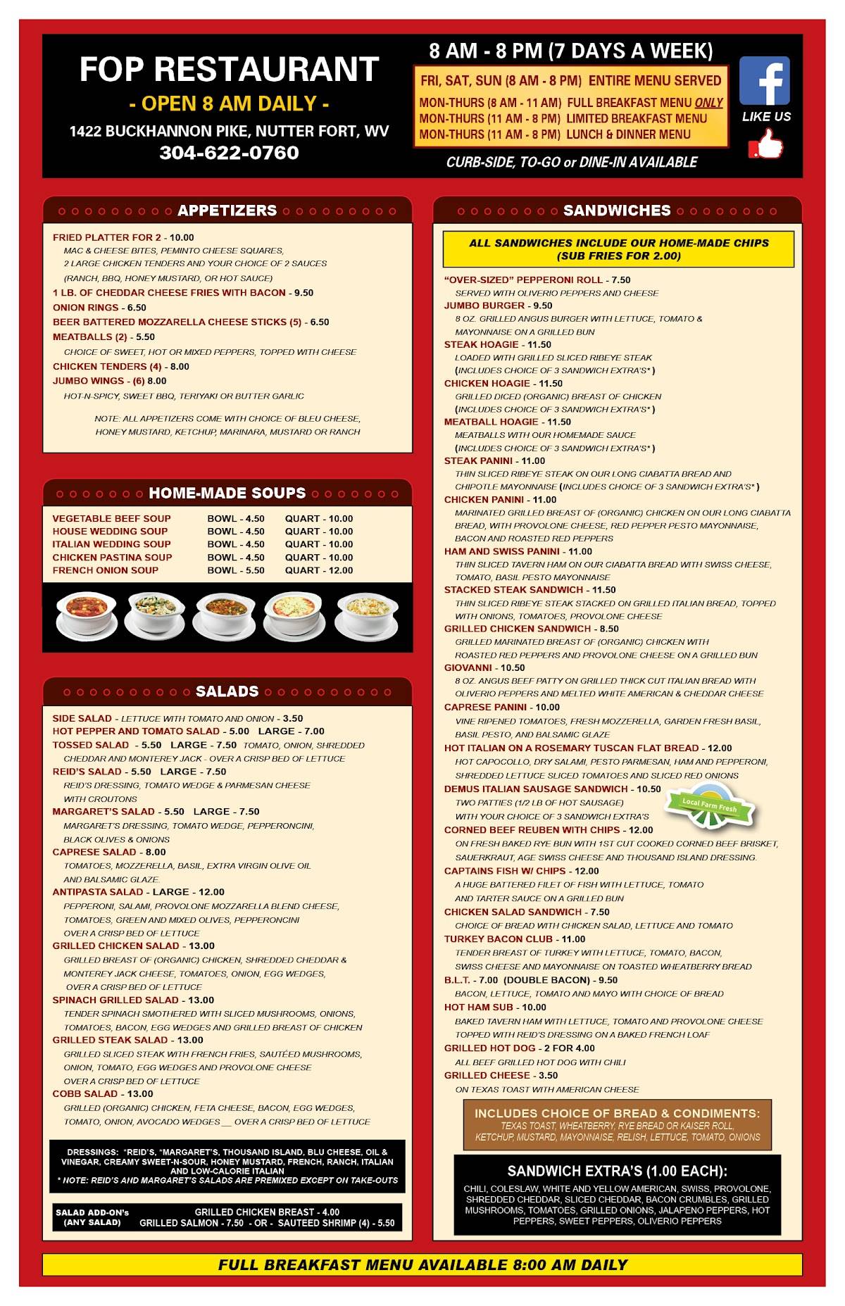 Menu at FOP restaurant, Nutter Fort