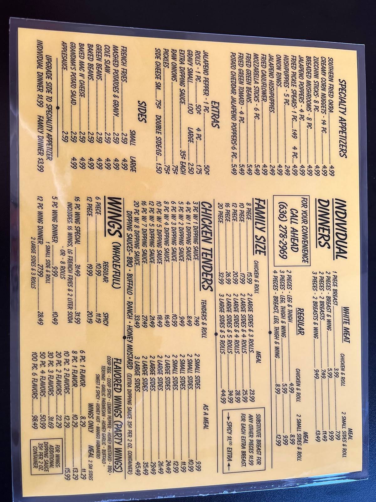 Menu at Chicken Coop fast food, St. Peters