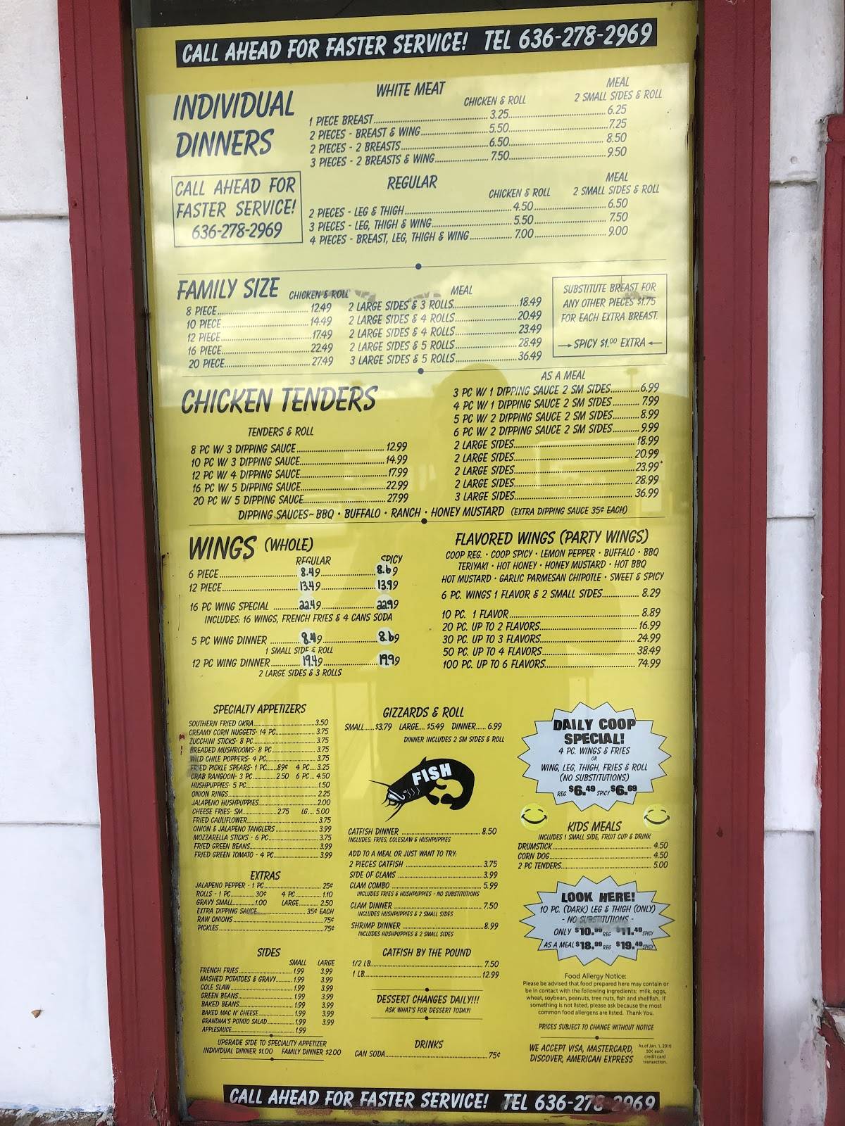 Menu at Chicken Coop fast food, St. Peters