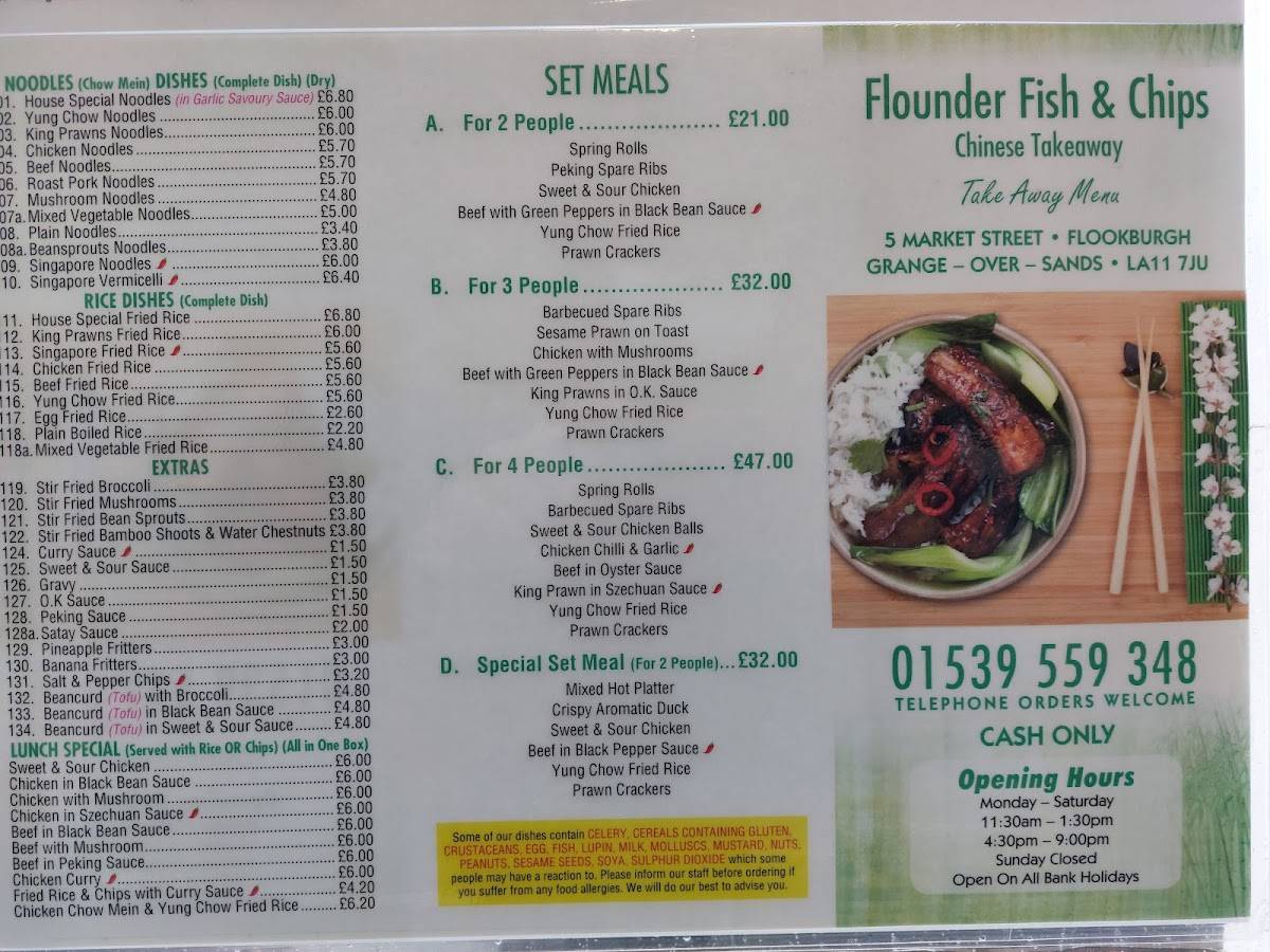 Menu at Flounders fast food, Grange-over-Sands