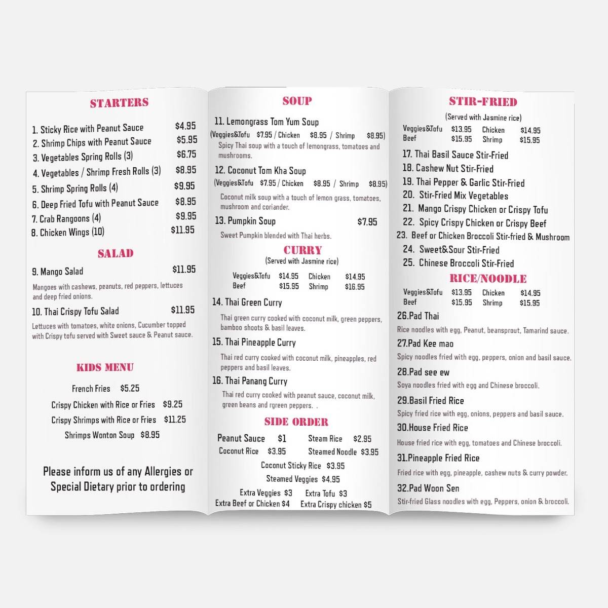 Menu at Thong Thai Cuisine fast food, Gravenhurst
