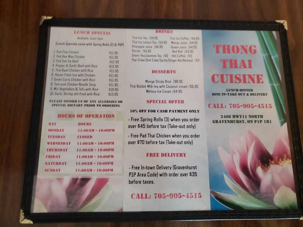 Menu at Thong Thai Cuisine fast food, Gravenhurst