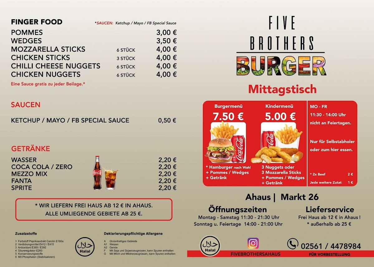 Speisekarte von Five Brothers Burger restaurant, Ahaus