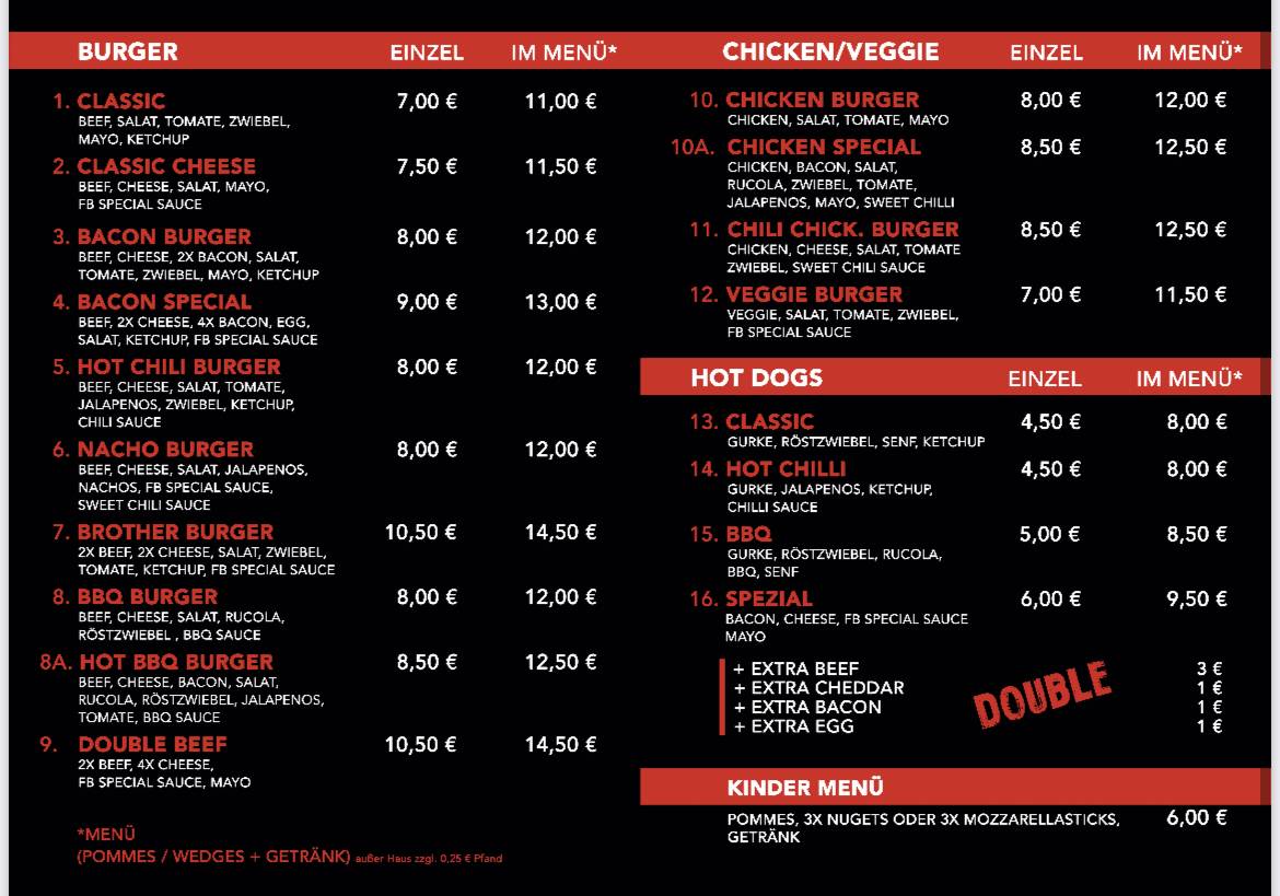 Speisekarte von Five Brothers Burger restaurant, Ahaus