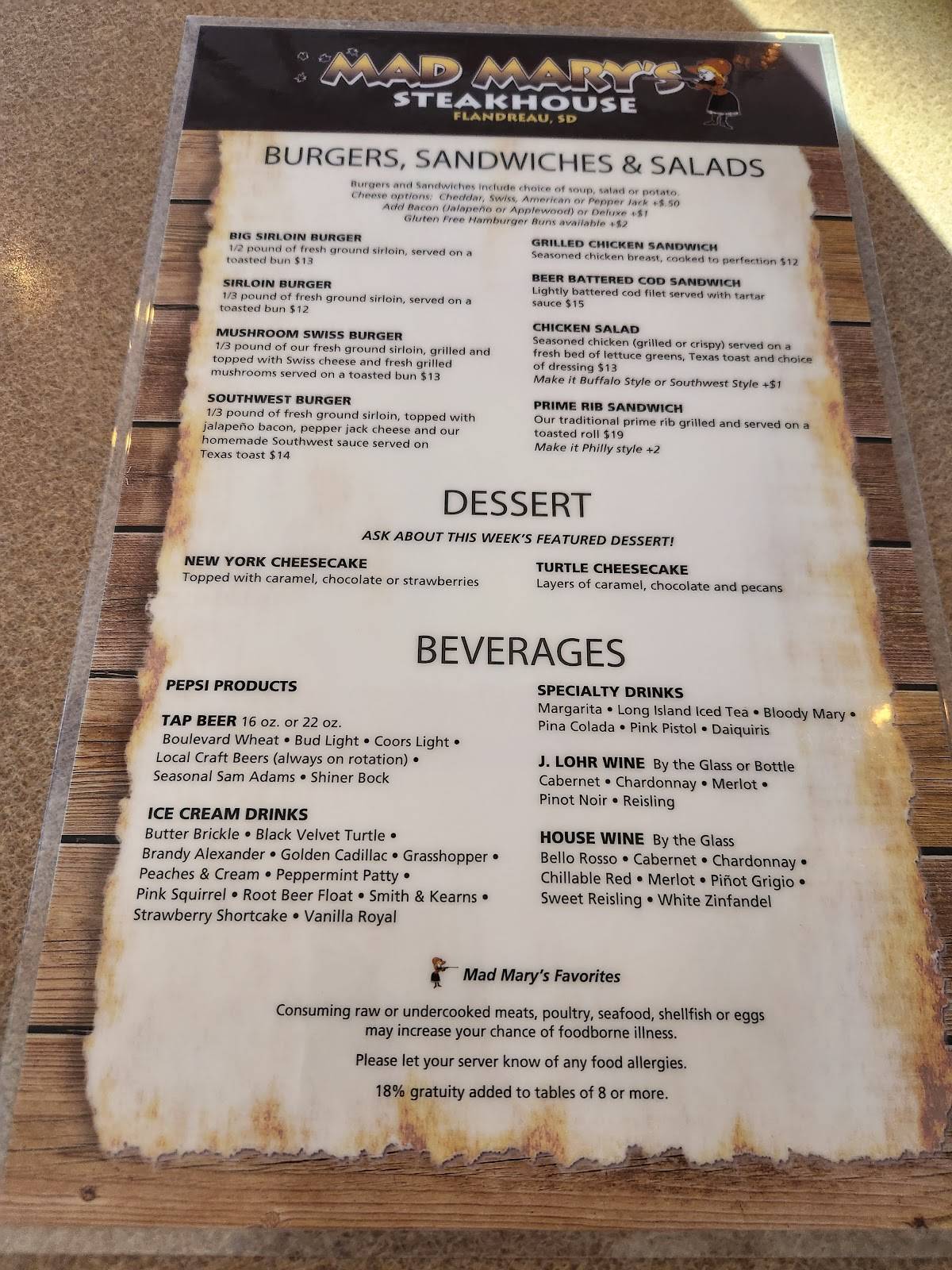 Menu at Mad Mary's Steak House steakhouse, Flandreau
