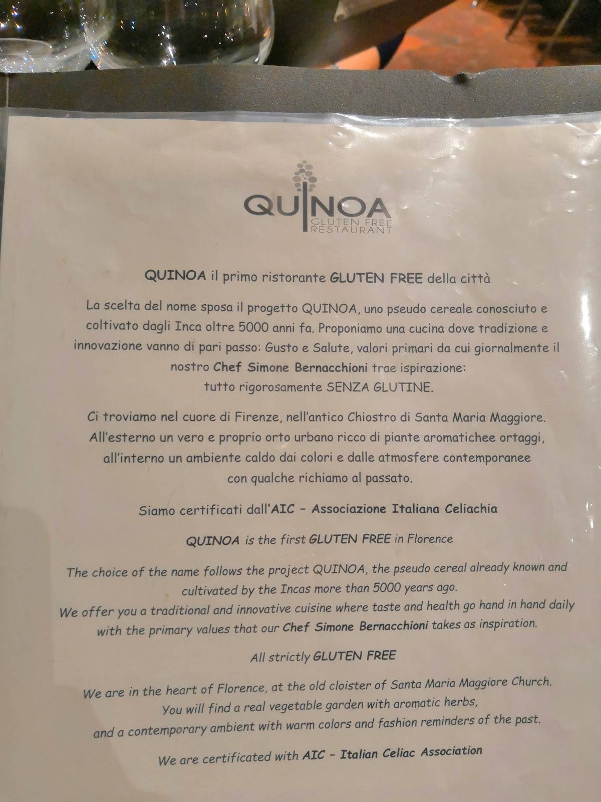 Menu da Ristorante gluten free Quinoa, Firenze, Vicolo di Santa Maria