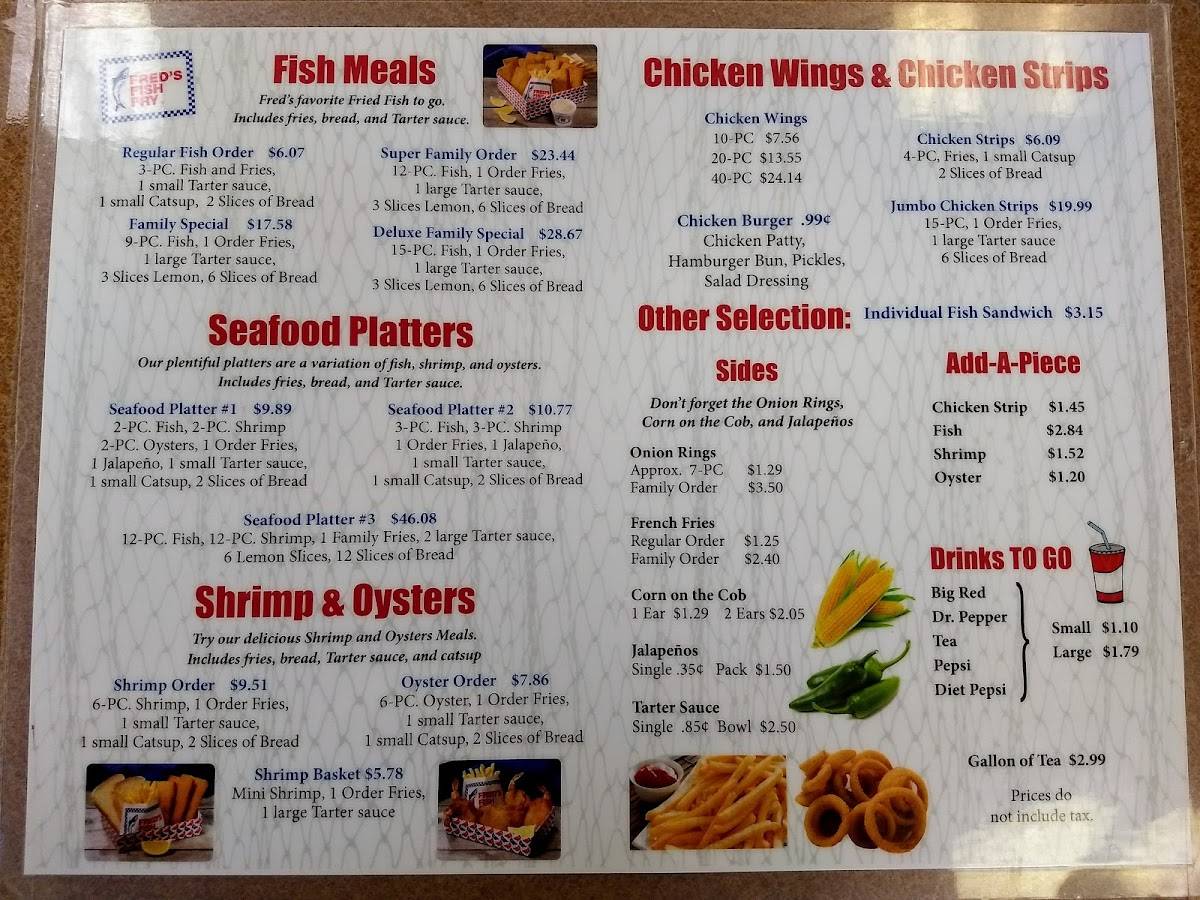 Menu at Fred's Fish Fry restaurant, San Antonio, 8264 Culebra Rd