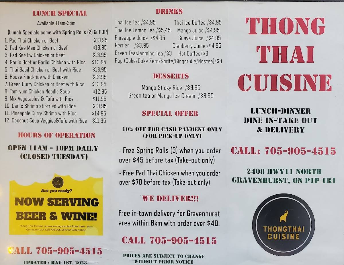 Menu at Thong Thai Cuisine fast food, Gravenhurst