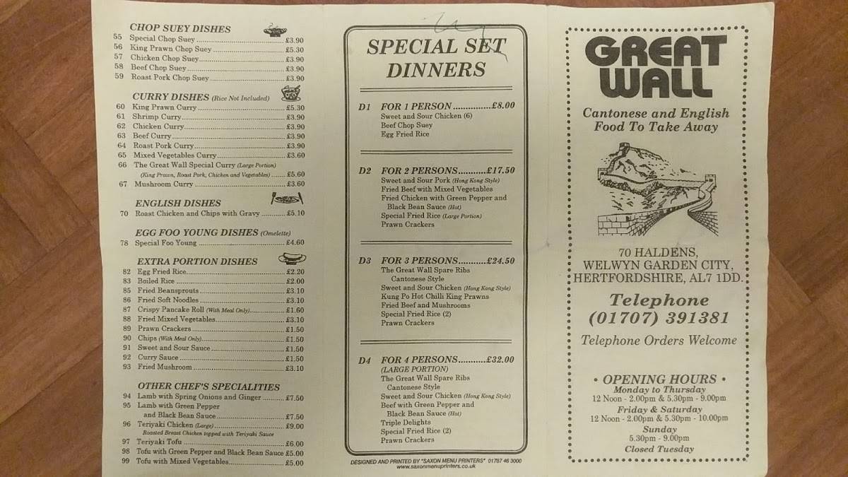 Menu At Great Wall Restaurant, Welwyn Garden City