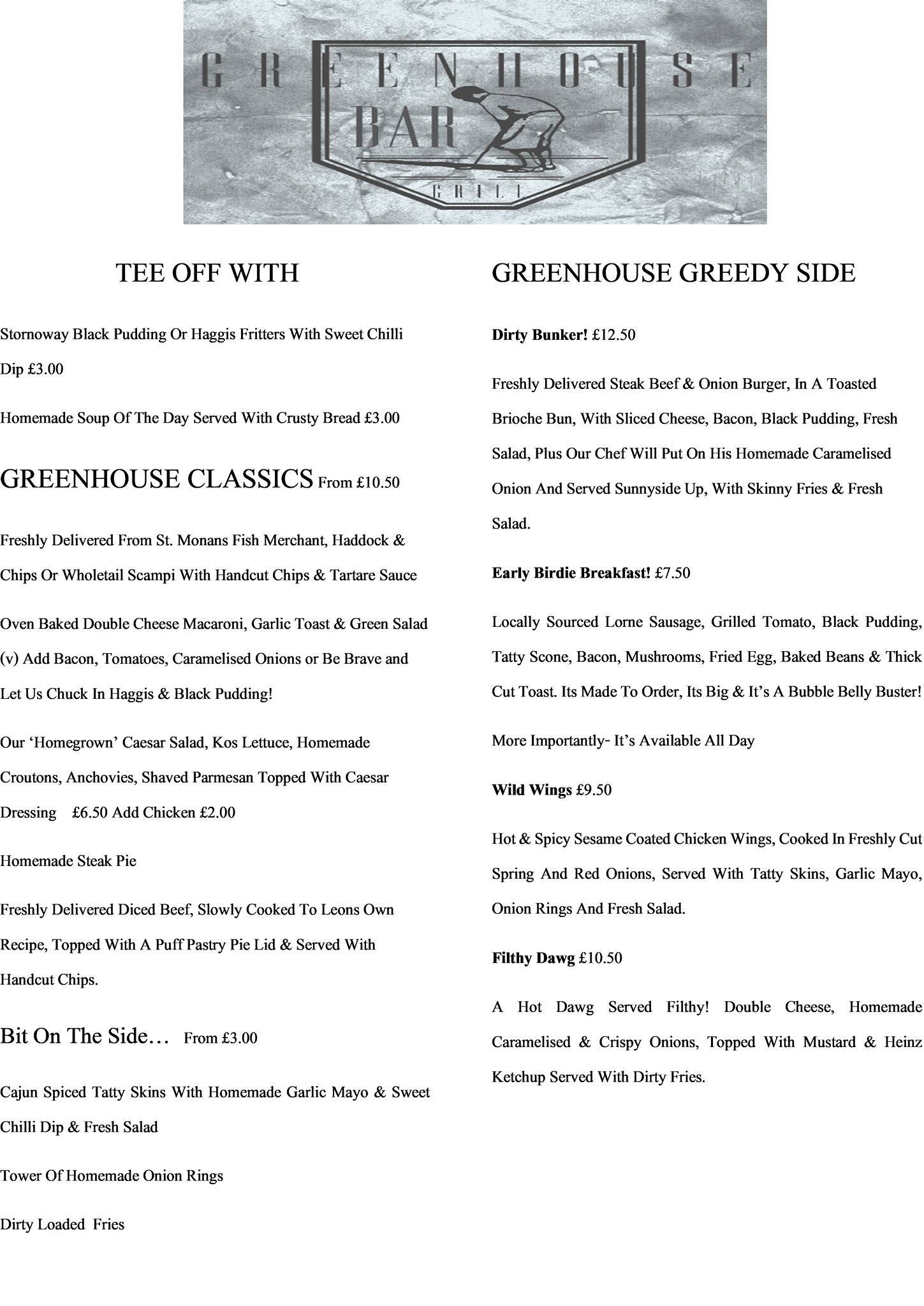 Menu at Greenhouse Bar & Grill, Cupar