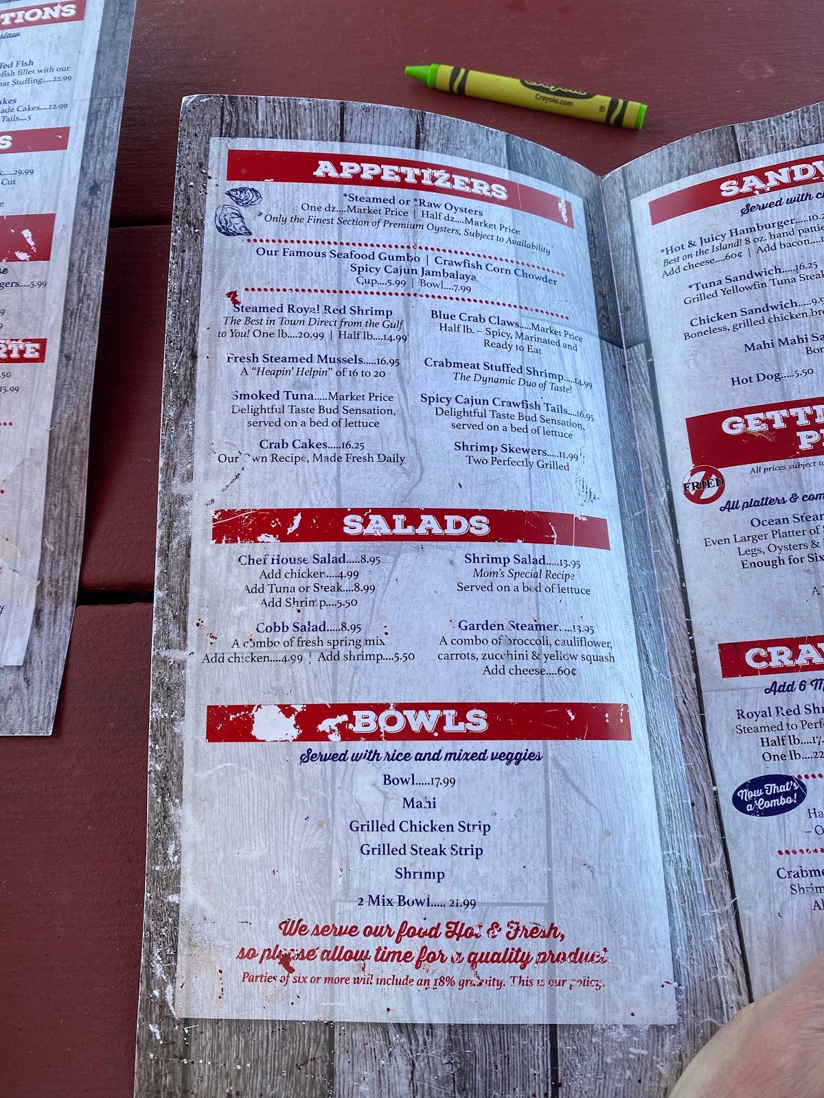Menu at Gulf Shores Steamer restaurant, Orange Beach