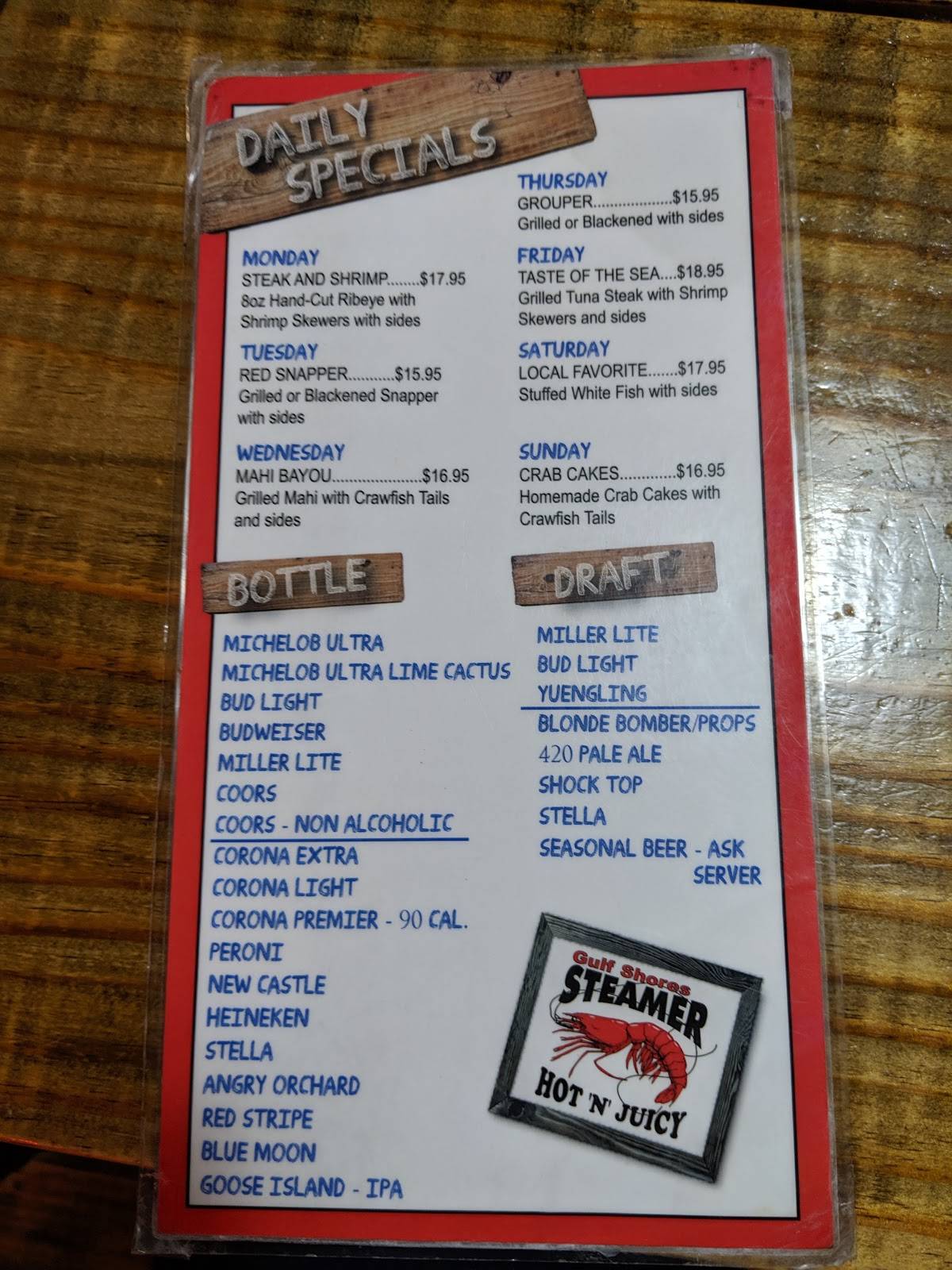 Menu at Gulf Shores Steamer restaurant, Orange Beach