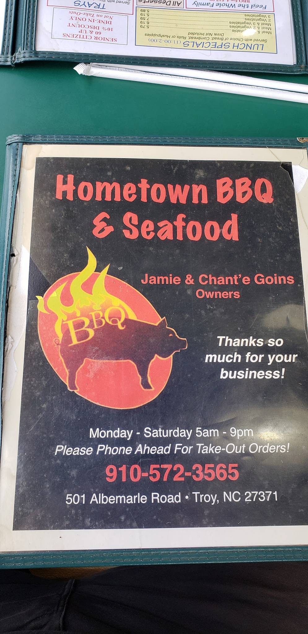 Menu at Hometown BBQ & Seafood, Troy, 501 Albemarle Rd