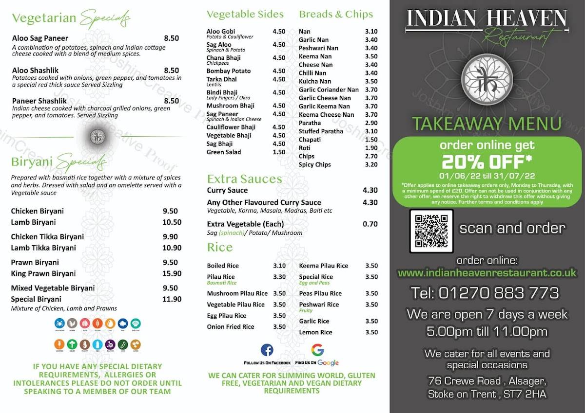 Menu at Indian Heaven Restaurant, Alsager
