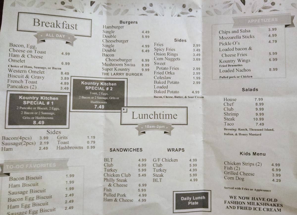Menu at Kountry Kitchen restaurant, Eupora