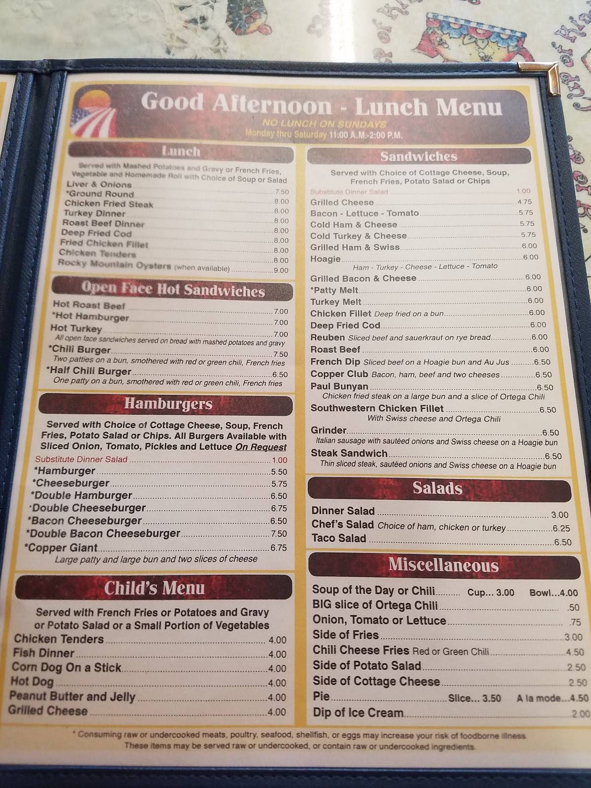 Menu at Copper Kitchen restaurant, La Junta
