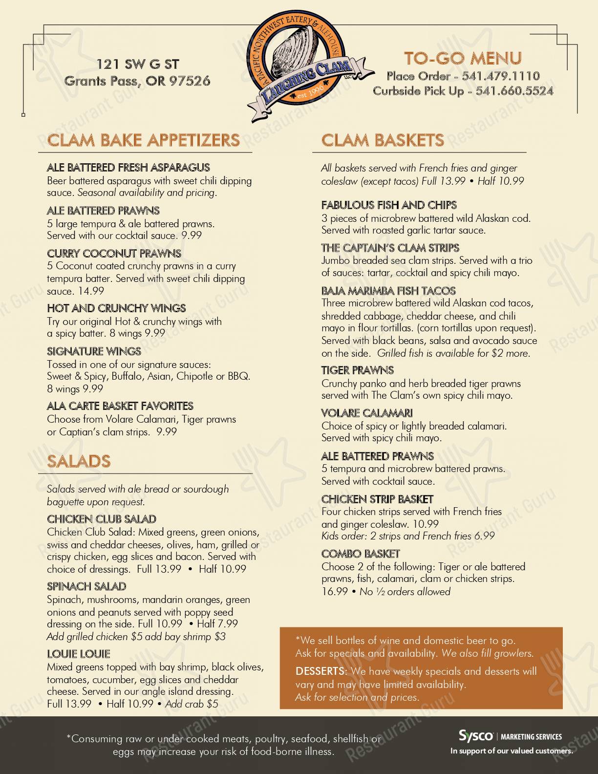Menu at The Laughing Clam LLC pub & bar, Grants Pass