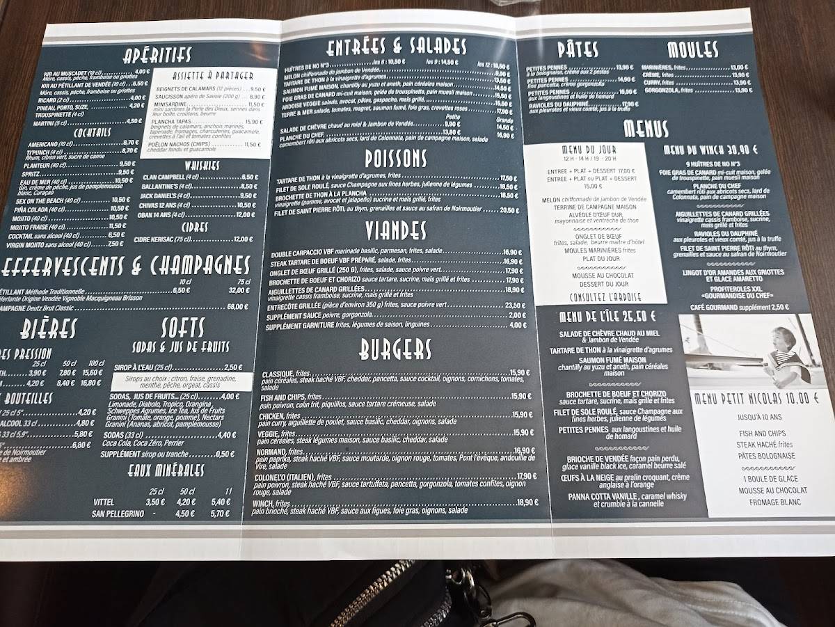 Menu at Le Winch restaurant, Noirmoutier-en-lÎle