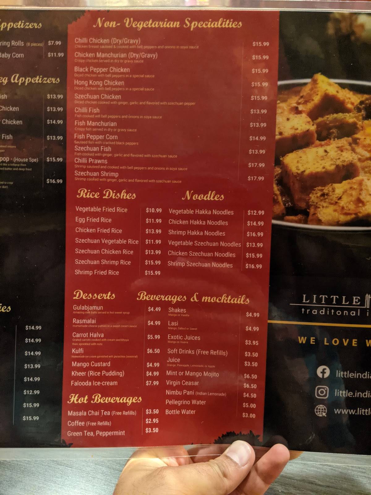 Menu at Little India restaurant, Edmonton