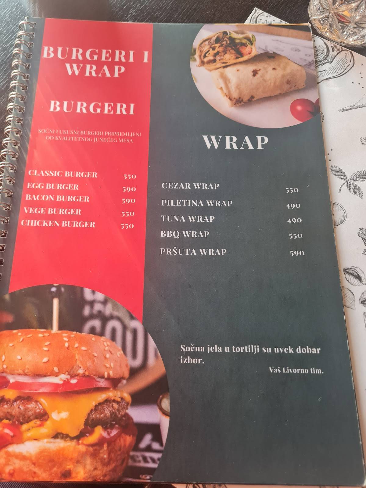 Menu at Livorno restaurant, Novi Sad, Bulevar patrijarha Pavla 12