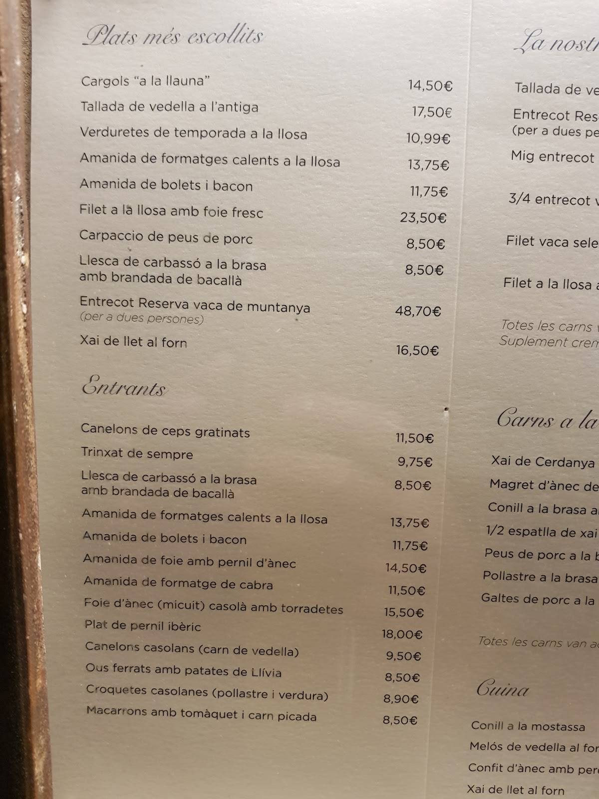 Menu at Restaurant Cal Cofa, Llívia