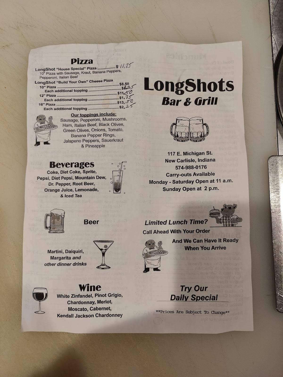 Menu at Longshots Bar and Grill, New Carlisle