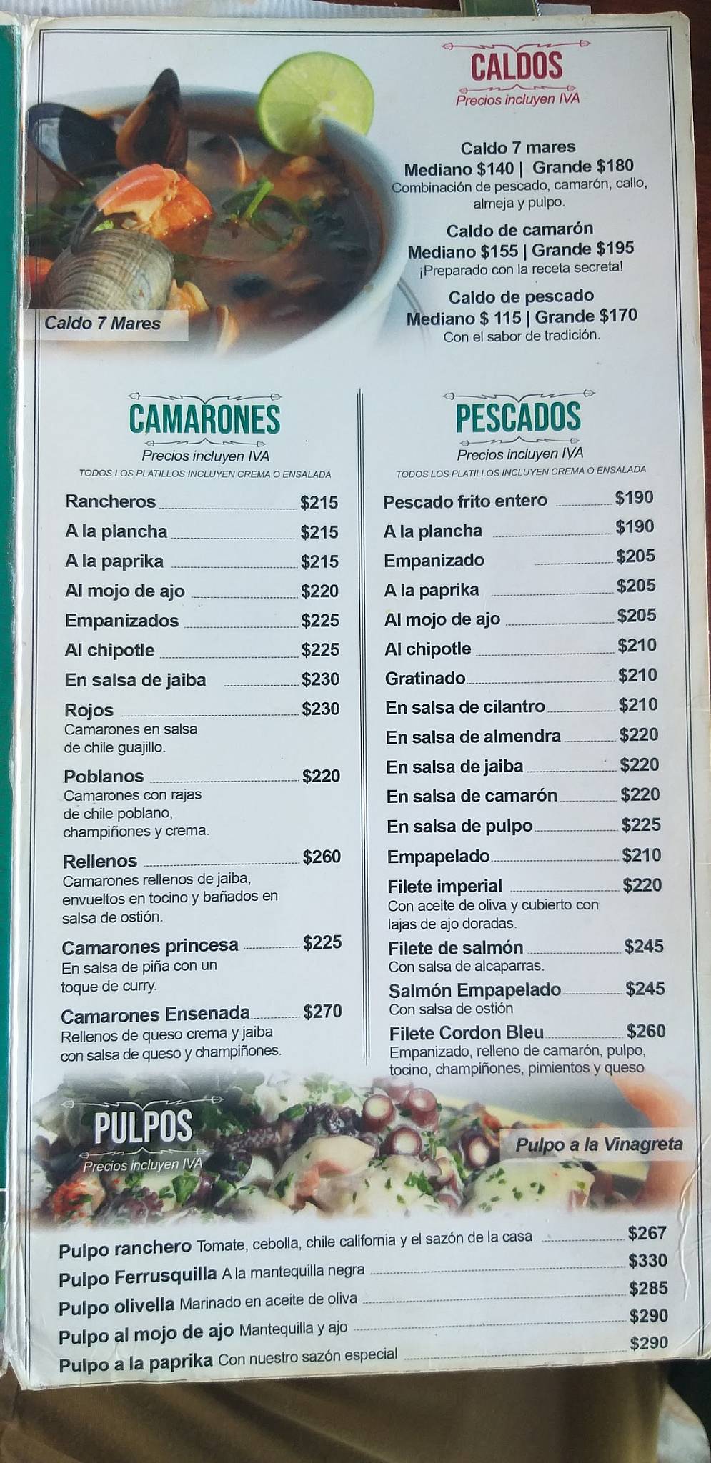 Menu at Mahi Mahi restaurant, Ensenada, P.º Miguel Hidalgo y Costilla 33