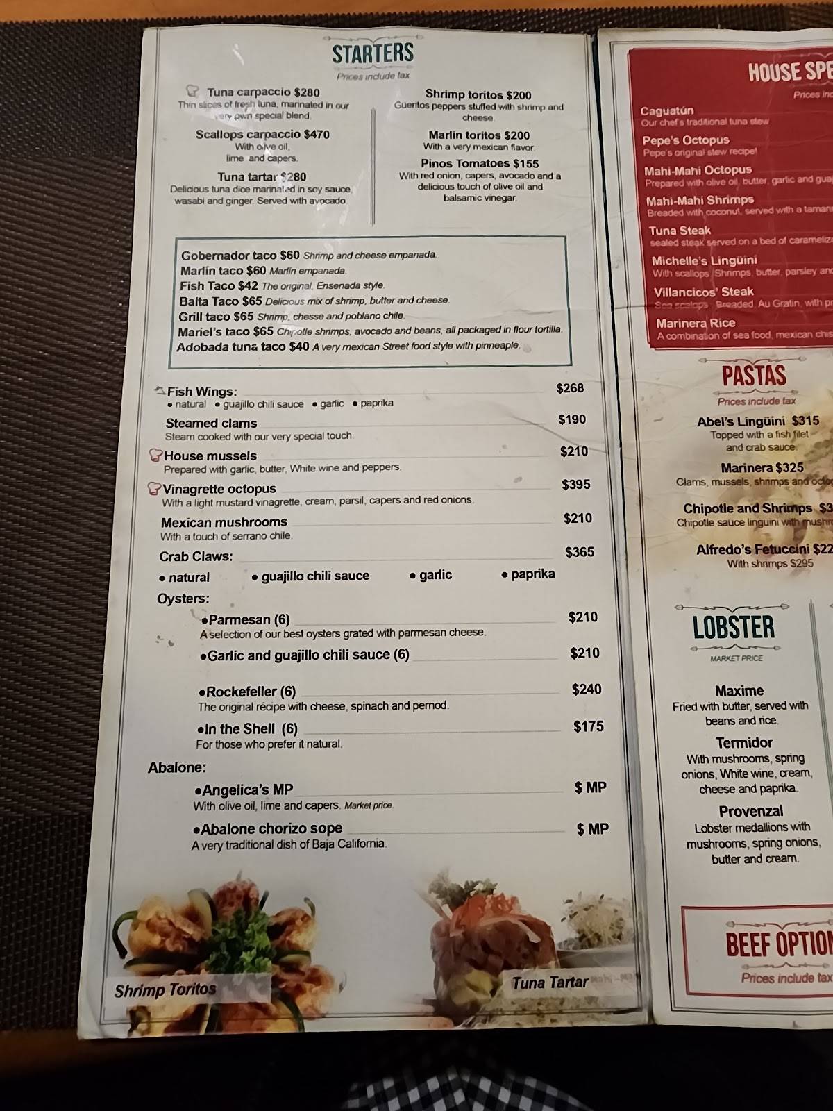 Menu at Mahi Mahi restaurant, Ensenada, P.º Miguel Hidalgo y Costilla 33