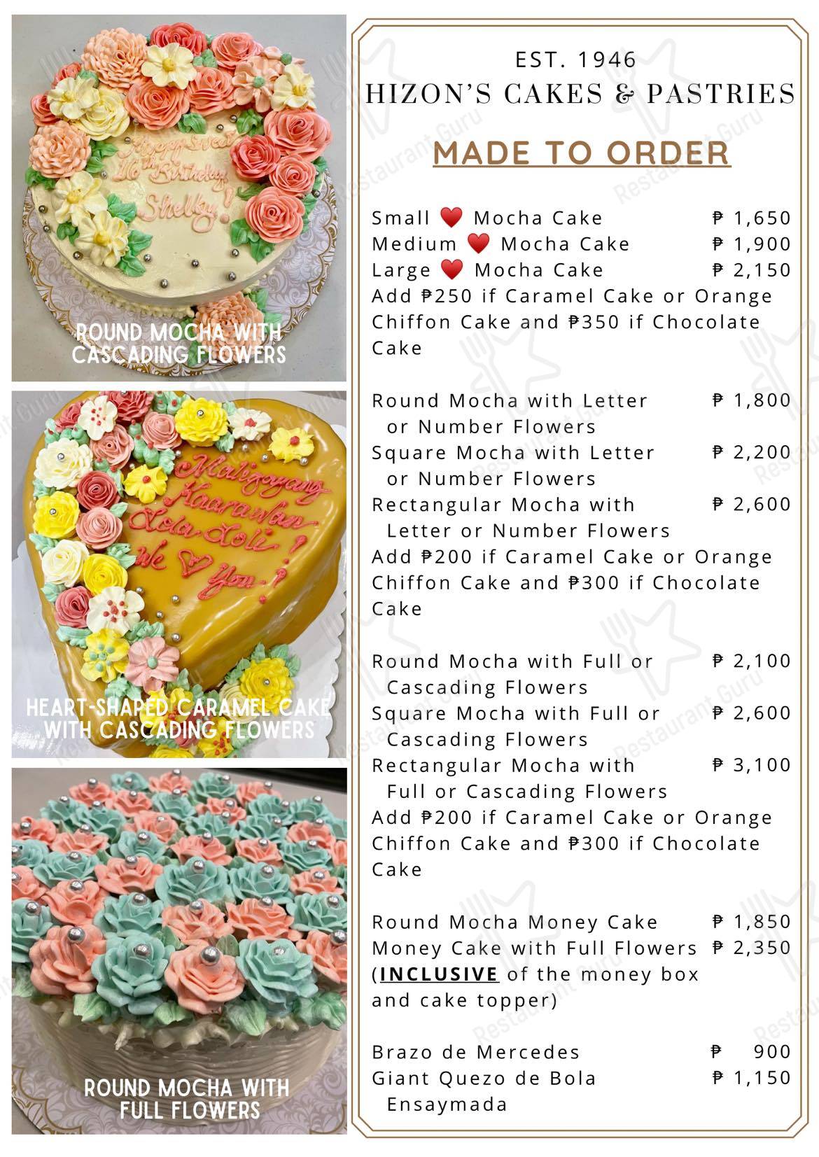 Menu at Hizon's Cakes and Pastries cafe, Manila, J Bocobo