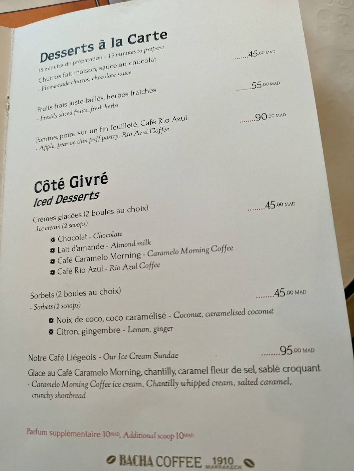 Menu at Bacha Coffee cafe, Marrakesh