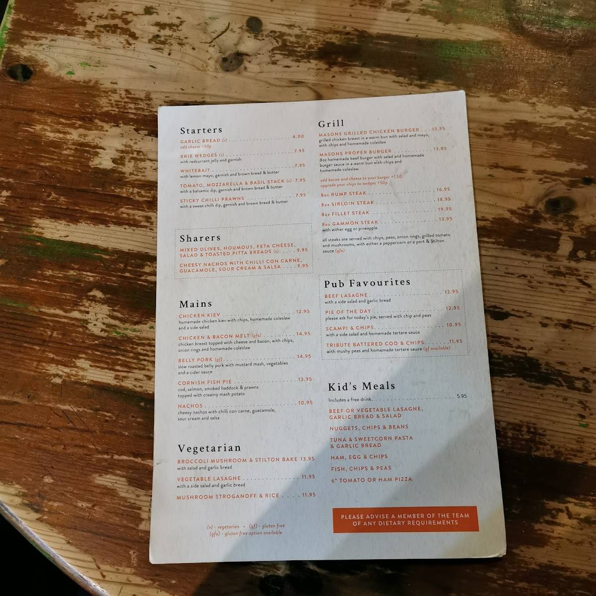 Menu at Masons Arms pub & bar, Camelford