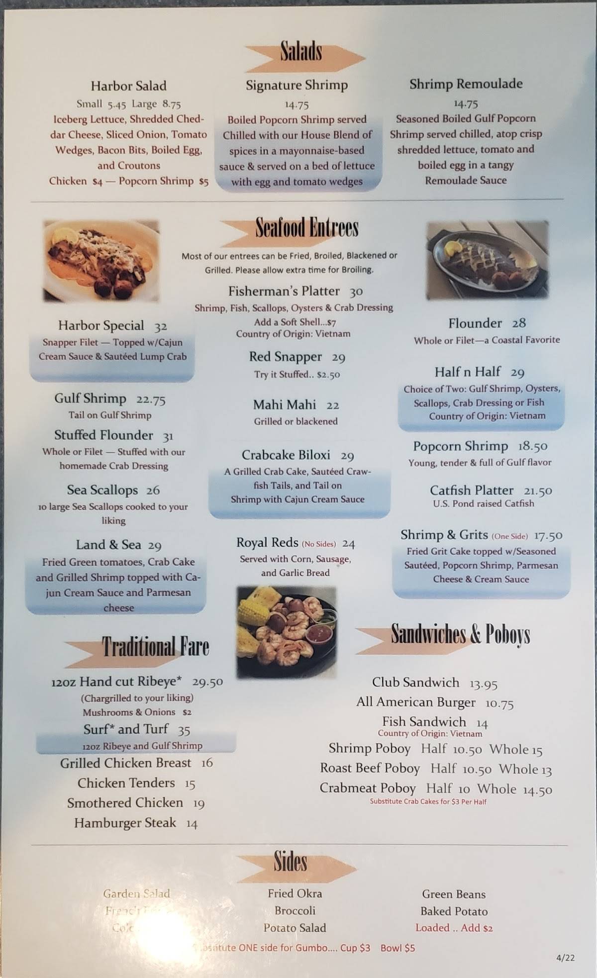 Menu at McElroy's Harbor House restaurant, Biloxi