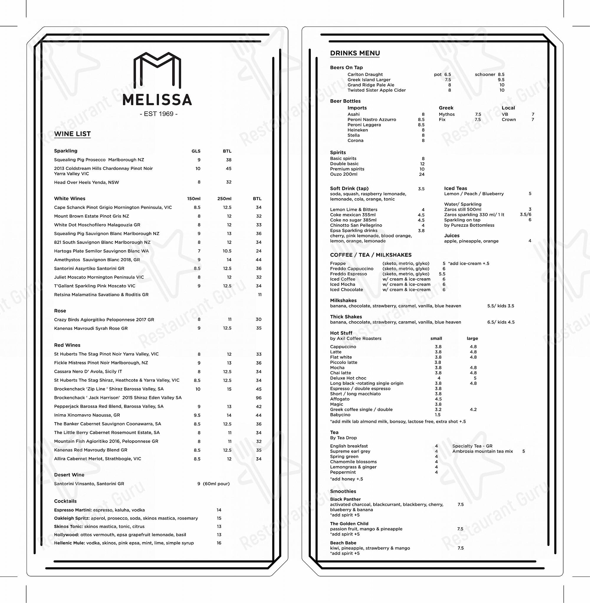 Menu at Melissa Cakes Cafe Bar., Templestowe