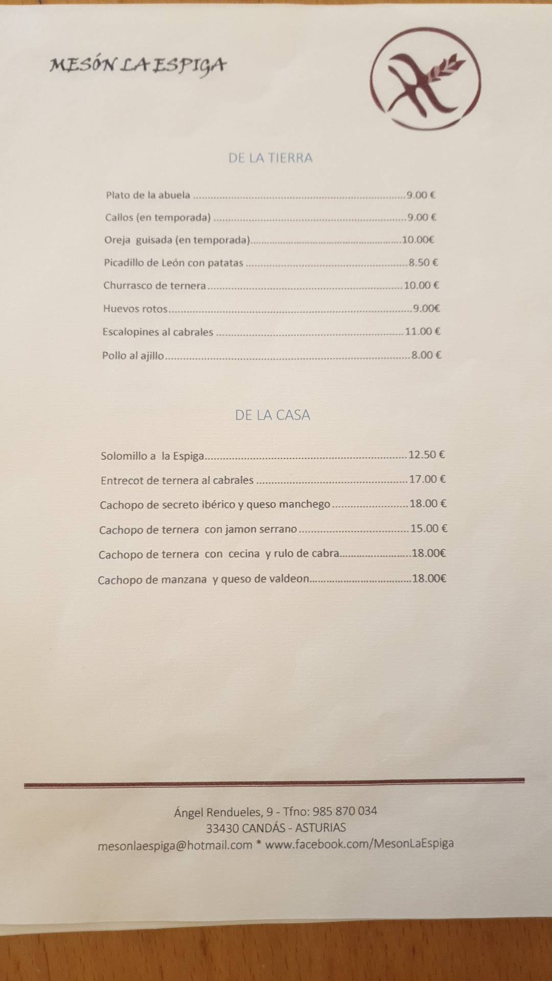 Carta Del Restaurante Mes N La Espiga Cand S C Ngel Rendueles