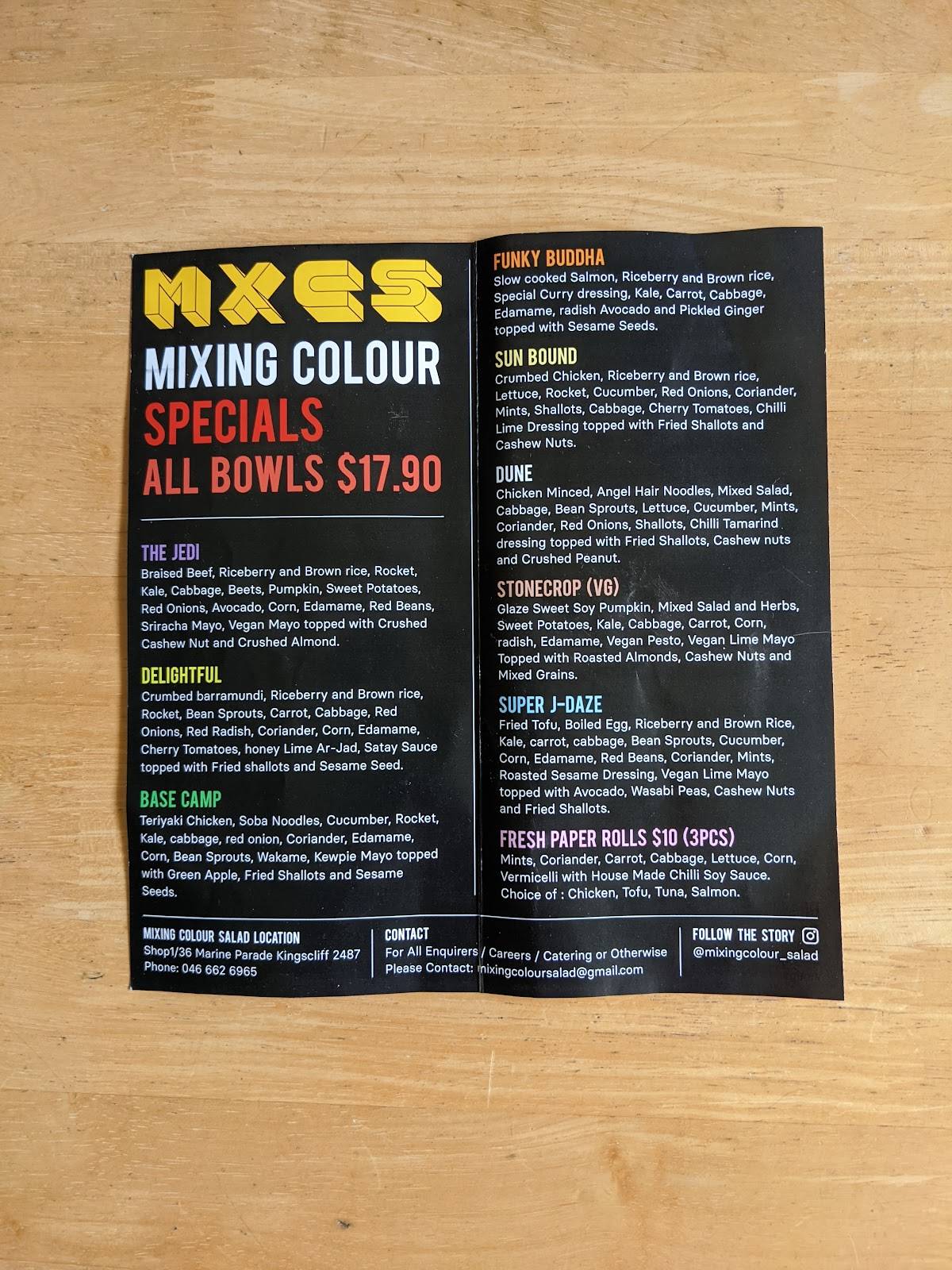 Menu at Mixing Colour Salad Bar, Kingscliff
