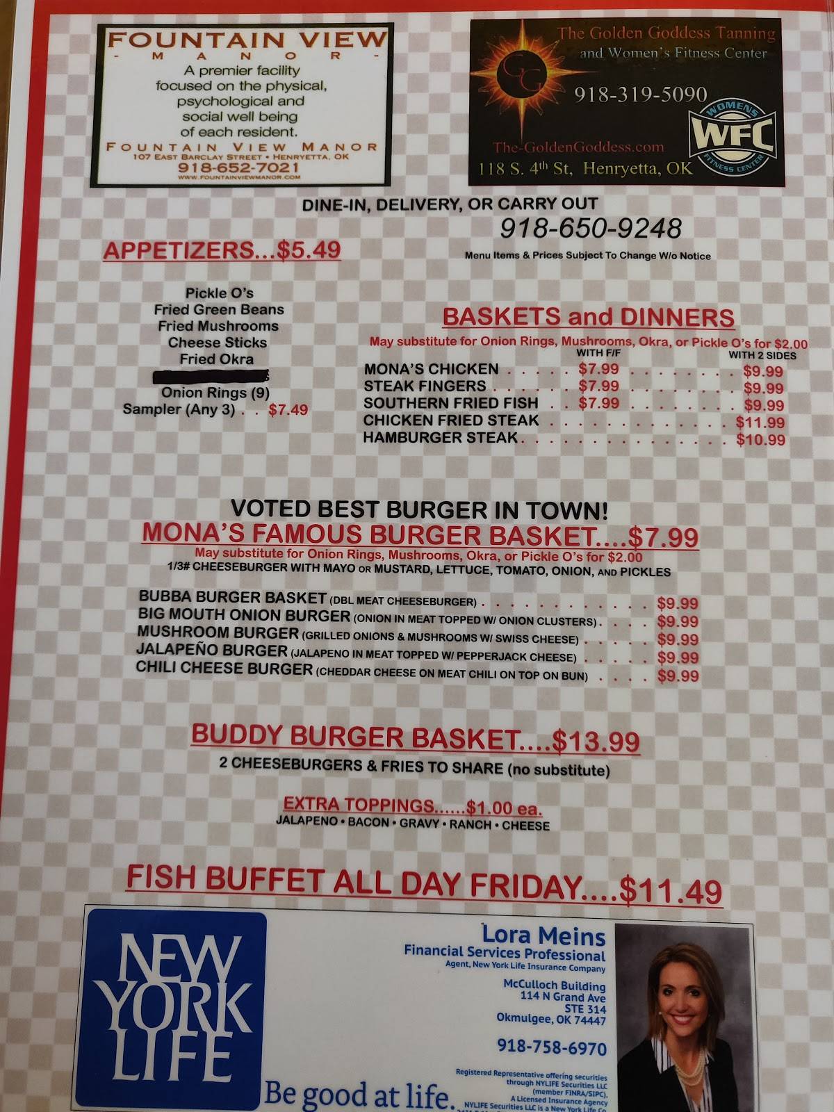 Menu at Mona’s Rose of Sharon Restaurant, Henryetta
