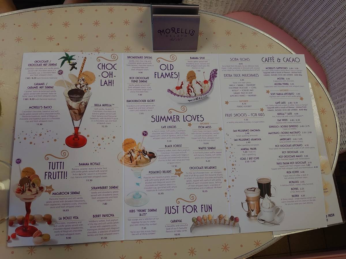 Menu at Morelli's Gelato cafe, Broadstairs