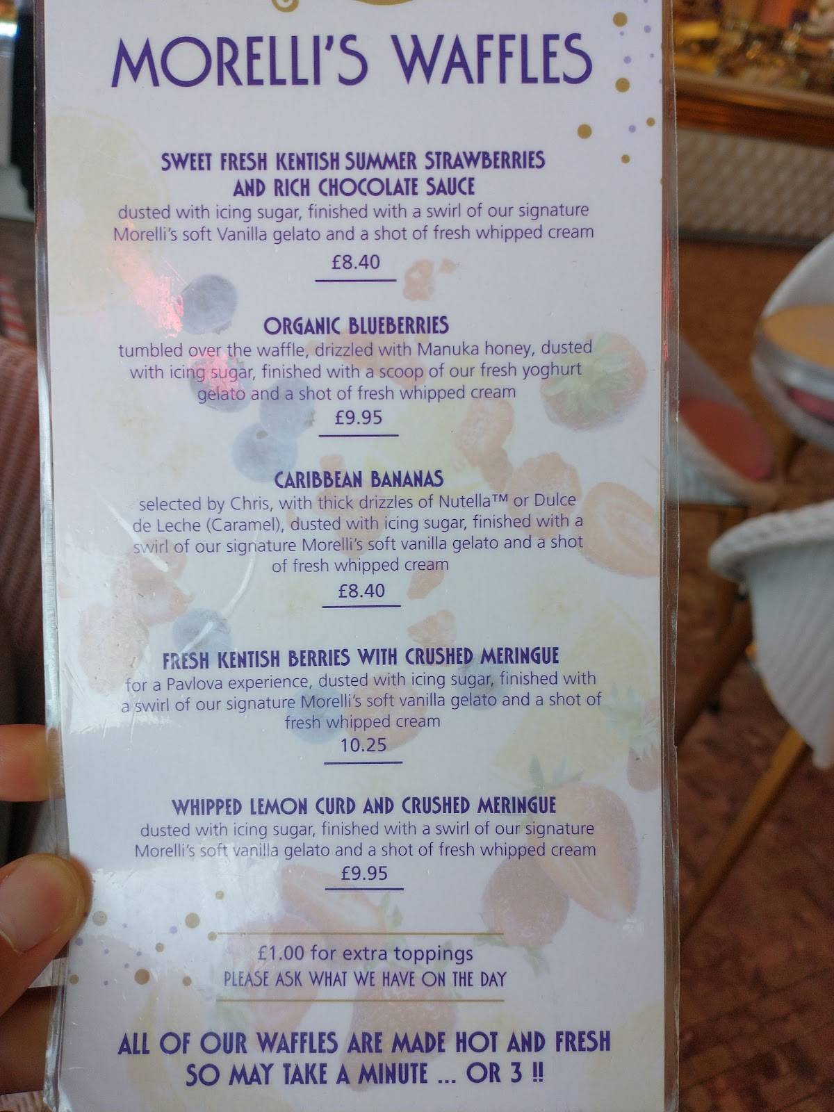 Menu at Morelli's Gelato cafe, Broadstairs