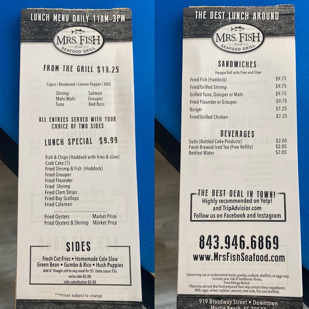 Menu at Mrs Fish Seafood Grill restaurant, Myrtle Beach