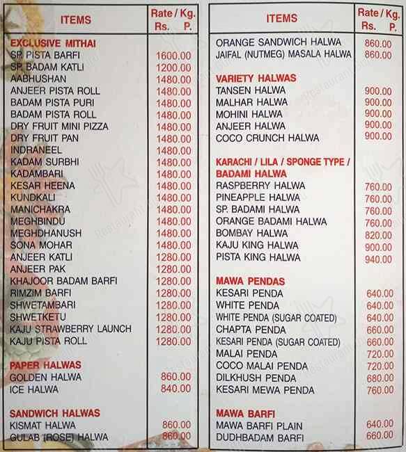 Mohanlal S Mithaiwala menu
