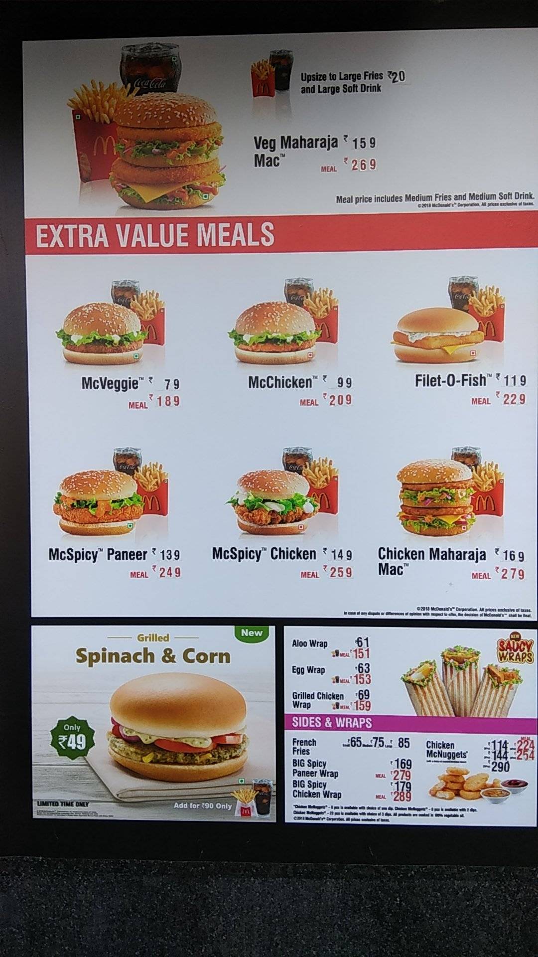 Menu at McDonald's, New Delhi, 30/4