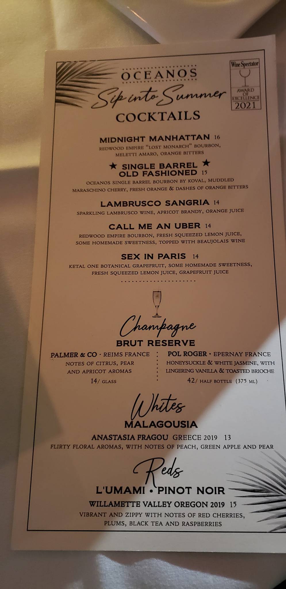 Menu at Oceanos Oyster Bar & Sea Grill, Fair Lawn