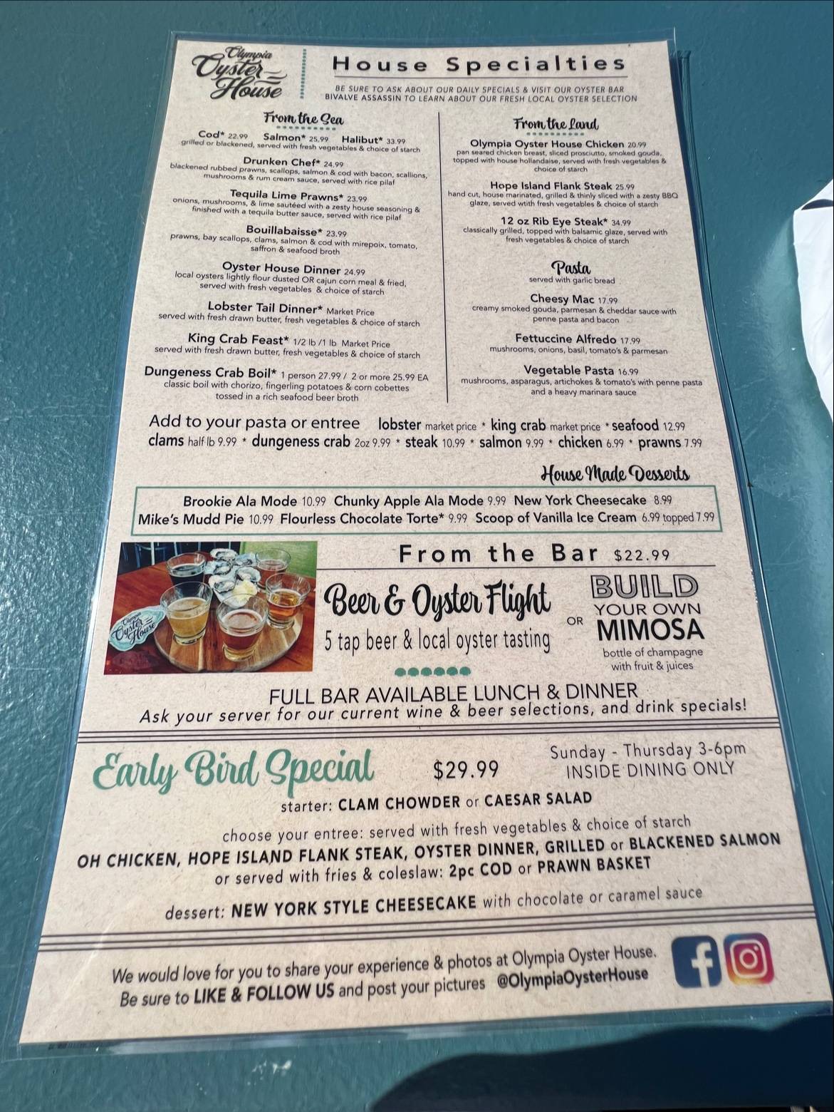 Menu at Olympia Oyster House restaurant, Olympia