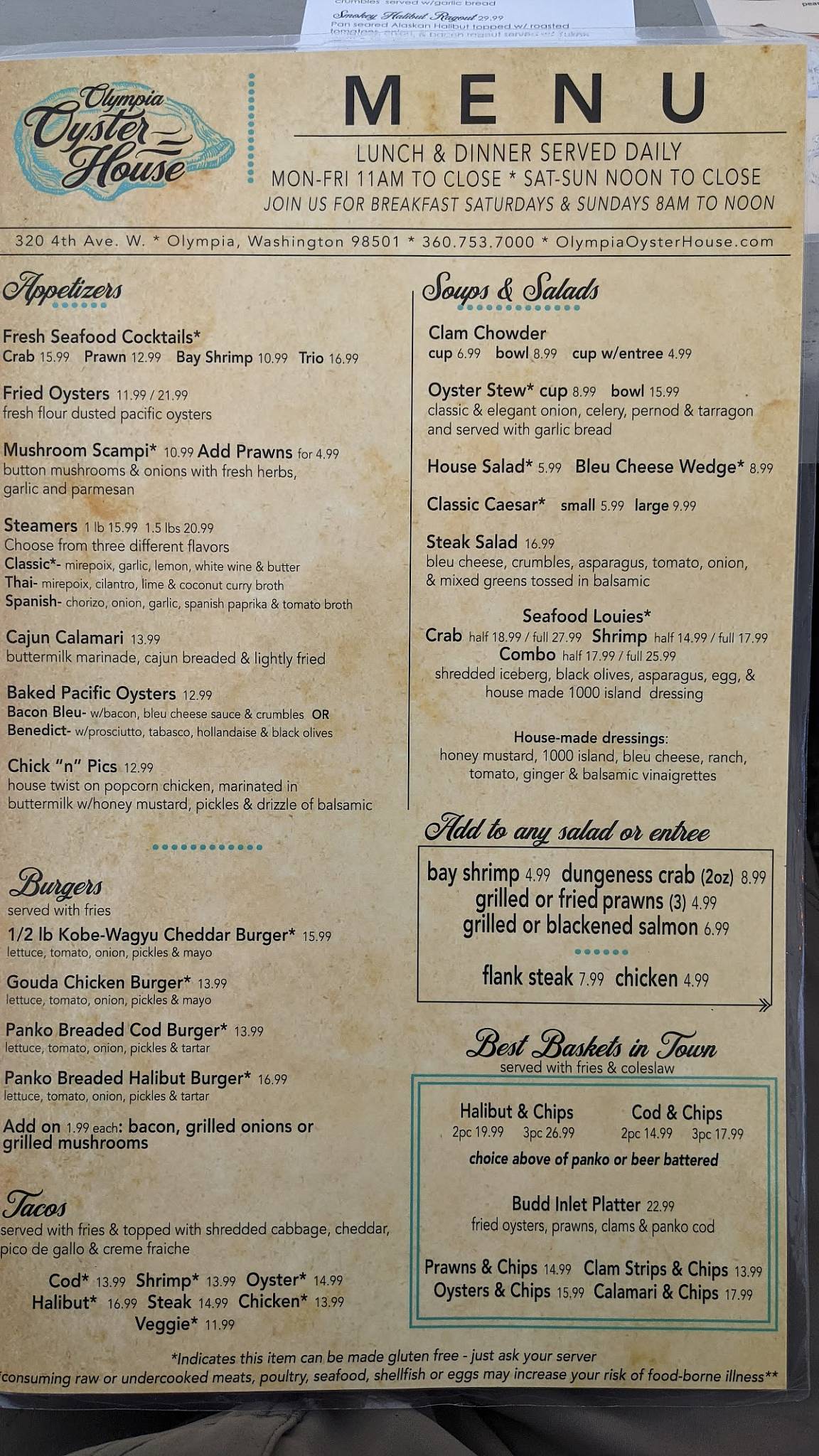 Menu at Olympia Oyster House restaurant, Olympia