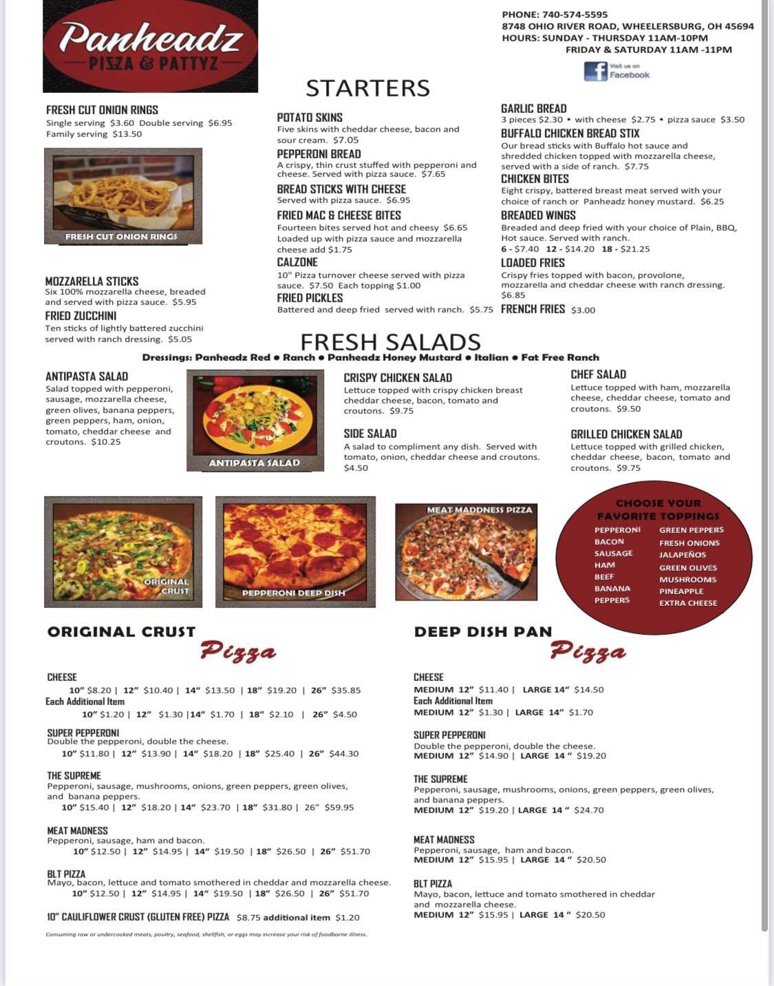 Menu At Panheadz Pizza And Pattyz Pizzeria, Wheelersburg