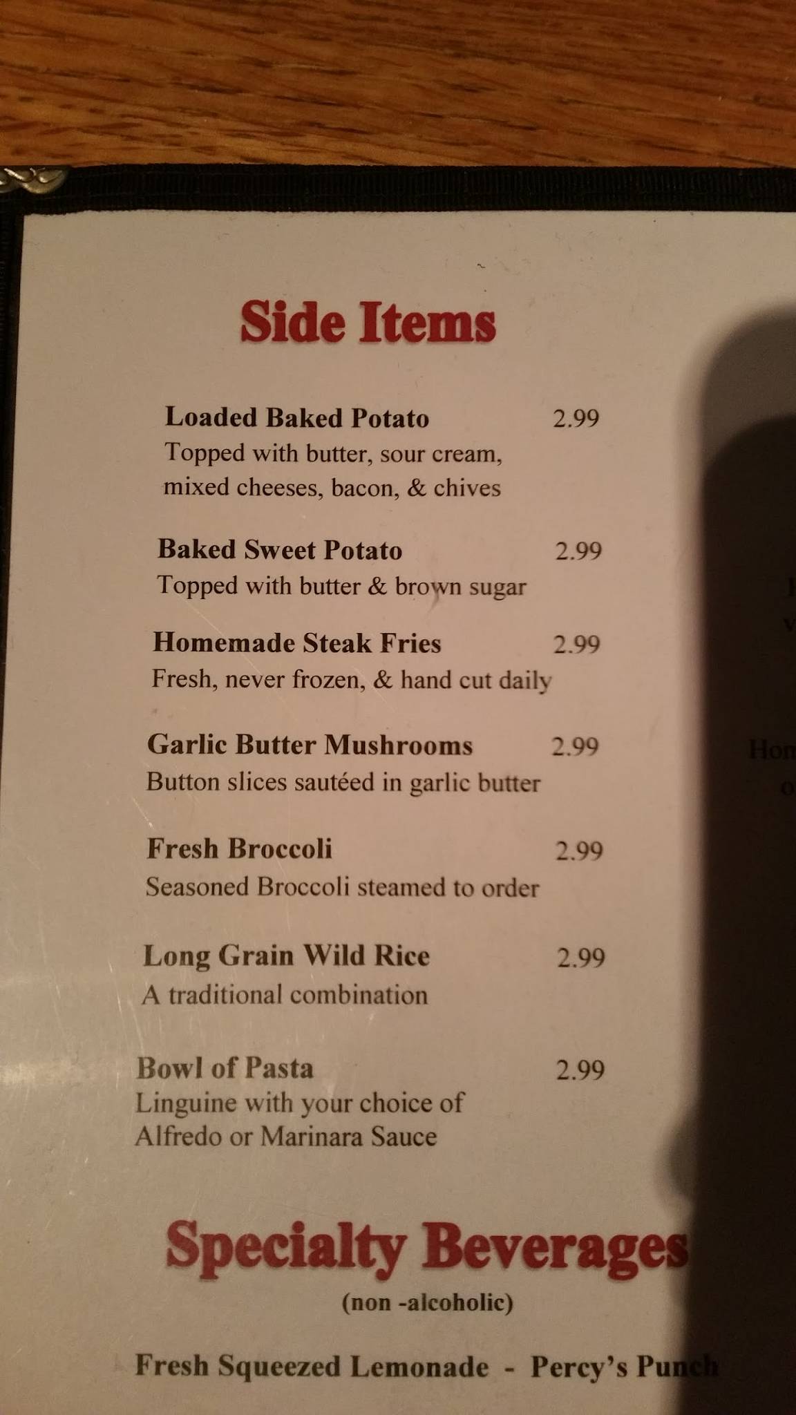 Menu at Percy & Willies restaurant, Florence, 130 Dunbarton Dr